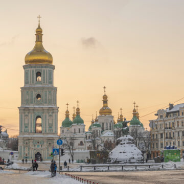 A Winter Sunset View Of The Saint Sophia Cathedral And Its Bell Tower In Kyiv, Ukraine— One Of The City's Most Famous Landmarks And A UNESCO World Heritage Site