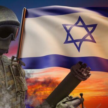 Concept Image Of A Soldier In Military Gear Standing Next To The Israeli National Flag At Sunset