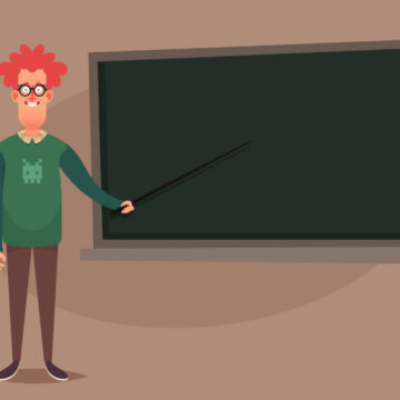An Illustration Of A Male Teacher Standing In Front Of A Classroom Blackboard Using A Pointer To Indicate The Board
