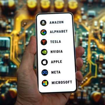 Digital Image Of Cellphone Screen Displaying The Logos And Names Of The "Magnificent Seven"—Amazon, Alphabet (Google's parent company), Tesla, Nvidia, Apple, Meta (Facebook's parent company), and Microsoft—Set Against A Circuit Board Background