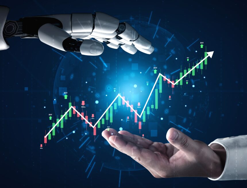 Concept image of artificial intelligence (AI) in stock market trading, showing a robotic hand interacting with a rising stock chart and human hand.