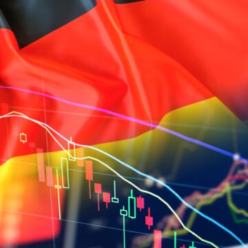 Concept illustration featuring financial charts and line graphs, likely the DAX 40 stock index, with the German flag waving in the background.