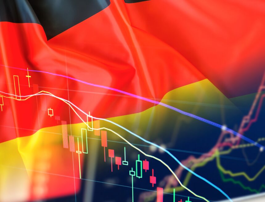 Concept illustration featuring financial charts and line graphs, likely the DAX 40 stock index, with the German flag waving in the background.