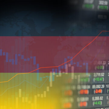 Conceptual Image Of The German Stock Market, Likely The DAX index, Showing Chart Elements Superimposed On The German Flag.