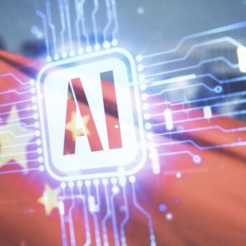 Abstract digital image of artificial intelligence in China with a double exposure effect combining a glowing "AI" chip icon with the Chinese flag.