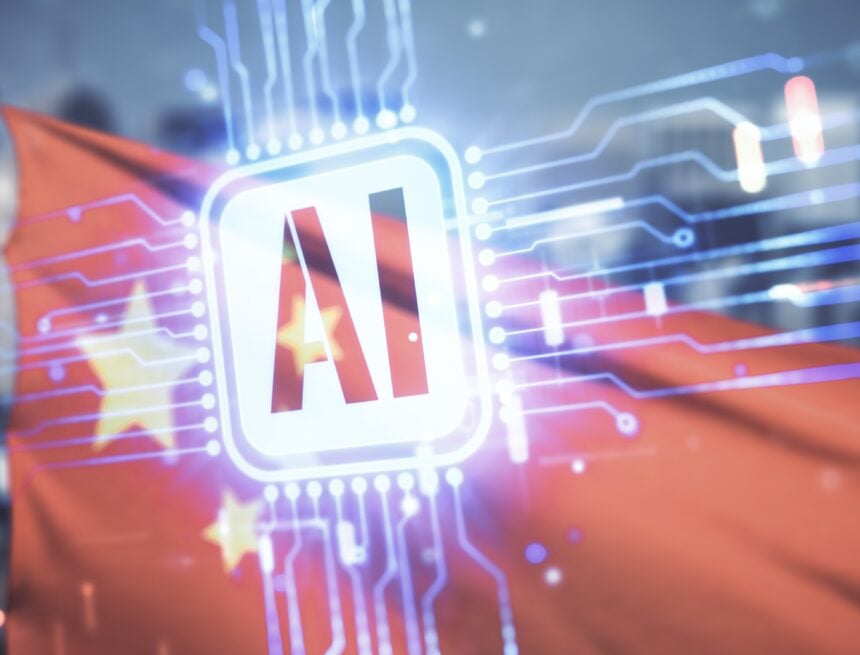 Abstract digital image of artificial intelligence in China with a double exposure effect combining a glowing "AI" chip icon with the Chinese flag.