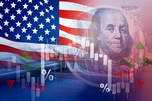 Composite graphic representing the U.S. financial market, featuring the U.S. flag and a portrait of Benjamin Franklin overlaid with a candlestick stock chart.
