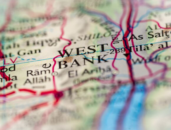 A detailed map focusing on the region of the West Bank, a landlocked territory in the Middle East and situated on the west bank of the Jordan River, bordered by Israel to the north, west, and south, and Jordan to the east.