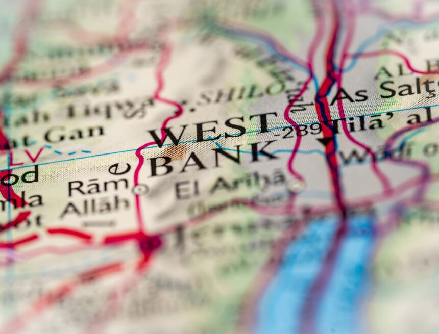 A detailed map focusing on the region of the West Bank, a landlocked territory in the Middle East and situated on the west bank of the Jordan River, bordered by Israel to the north, west, and south, and Jordan to the east. A detailed map focusing on the region of the West Bank, a landlocked territory in the Middle East and situated on the west bank of the Jordan River, bordered by Israel to the north, west, and south, and Jordan to the east.