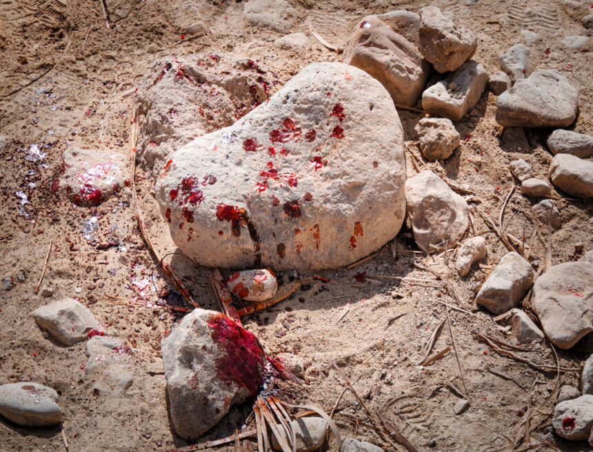 Close up of blood stains on stones and dirt. Close up of blood stains on stones and dirt.