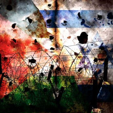 A conceptual illustration of the flags of Israel and Palestine on a distressed surface with bullet hole-like perforations and barbed wire in the foreground.