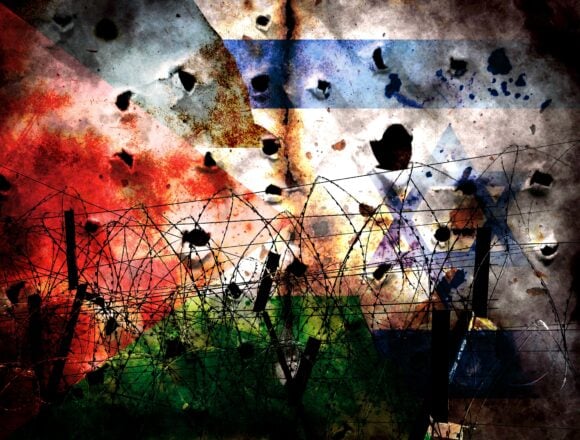 A conceptual illustration of the flags of Israel and Palestine on a distressed surface with bullet hole-like perforations and barbed wire in the foreground.