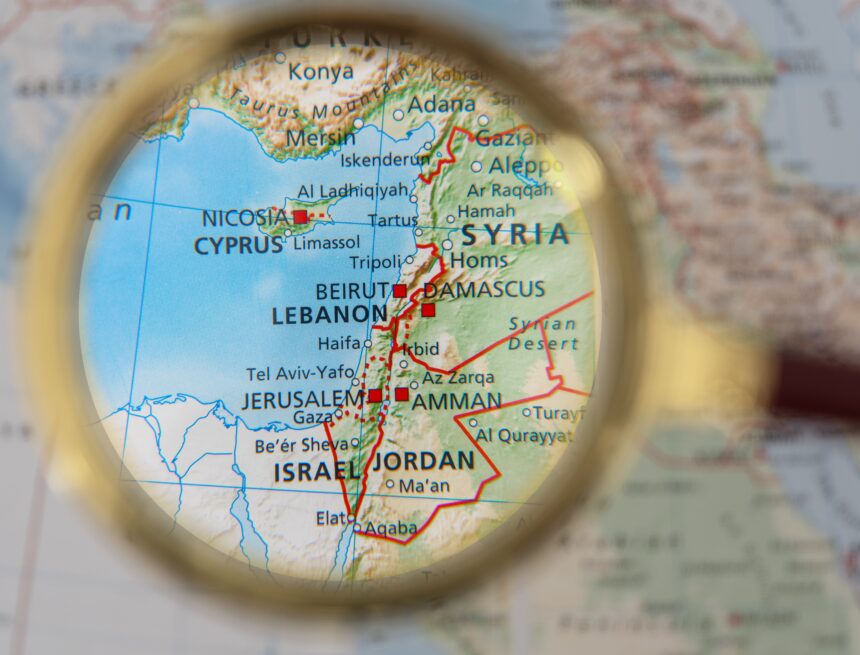 A close-up, magnified view of a political map focused on the Eastern Mediterranean region which highlights several countries and territories, including Syria, Lebanon, Israel, Jordan, Cyprus, and southern Turkey and key cities such as Damascus, Beirut, Amman, Nicosia, and Jerusalem. A close-up, magnified view of a political map focused on the Eastern Mediterranean region which highlights several countries and territories, including Syria, Lebanon, Israel, Jordan, Cyprus, and southern Turkey and key cities such as Damascus, Beirut, Amman, Nicosia, and Jerusalem.