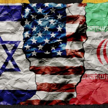 The image shows the flags of Israel, the United States, and Iran on a crumpled and torn surface, a symbolic representation of the direct military conflict between the countries. The image shows the flags of Israel, the United States, and Iran on a crumpled and torn surface, a symbolic representation of the direct military conflict between the countries.