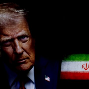 A shadowy image of Donald Trump with a stern expression and the Iranian flag against a dark background.