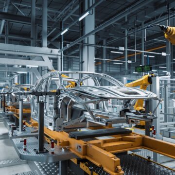 Image of a car factory automotive assembly line featuring advanced robotic arms working on a vehicle chassis.