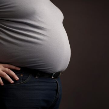 An image of an overweight man with a large belly wearing a simple gray crewneck t-shirt and dark blue denim jeans. An image of an overweight man with a large belly wearing a simple gray crewneck t-shirt and dark blue denim jeans.