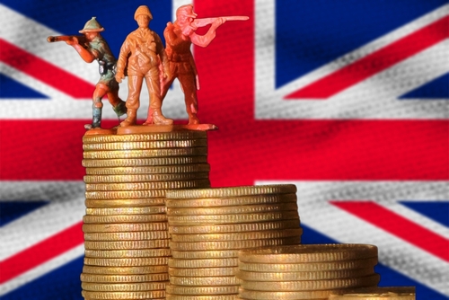 Concept illustration of the United Kingdom's defense budget, combining miniature toy soldiers with stacks of coins against the Union Jack flag.