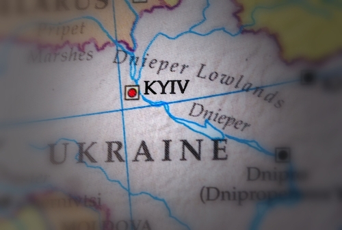 Image of a map highlighting the location of Kyiv, the capital city of Ukraine, situated within the Dnieper Lowlands along the Dnieper River.
