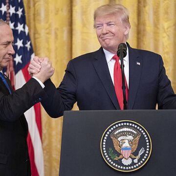 U.S. President Donald Trump and Israeli Prime Minister Benjamin Netanyahu at the White House for the January 28, 2020, announcement of the Trump administration's "Peace to Prosperity" plan for the Israeli-Palestinian conflict.