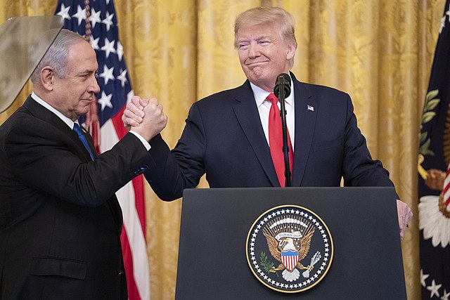 U.S. President Donald Trump and Israeli Prime Minister Benjamin Netanyahu at the White House for the January 28, 2020, announcement of the Trump administration's "Peace to Prosperity" plan for the Israeli-Palestinian conflict.The Heart of Darkness U.S. President Donald Trump and Israeli Prime Minister Benjamin Netanyahu at the White House for the January 28, 2020, announcement of the Trump administration's "Peace to Prosperity" plan for the Israeli-Palestinian conflict.