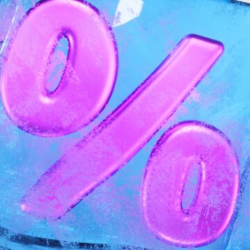 An Illustration Of A Large, Magenta Percent Symbol That Appears To Be Frozen In A Block Of Blue Ice.