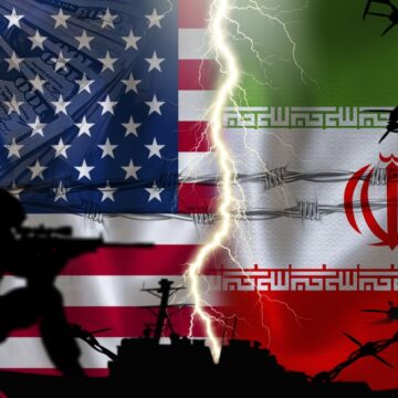 Composite Digital Image Of The Flags Of The U.S. And Iran Split By A Lightning Bolt, And Barbed Wire Over Both Flags And Silhouettes Of Soldiers In A Battlefield Setting In The Foreground.