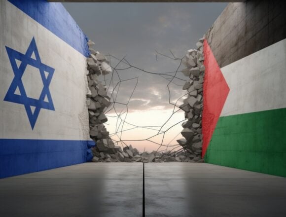Digital Image Symbolizing The Israeli-Palestinian Conflict With A Concrete Wall, Painted With The Flags Of Israel And Palestine, Breaking Apart In The Middle