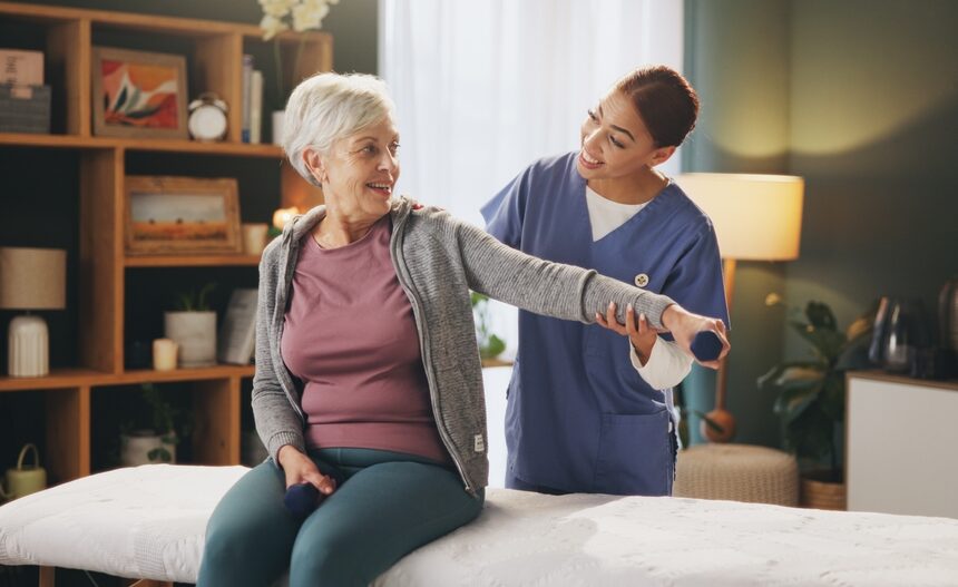 Women,,Caregiver,And,Senior,Patient,With,Dumbbells,For,Rehabilitation,,Support CURING ARTHRITIS BY REGROWING CARTILAGE