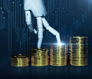 Artificial intelligence concept of a futuristic robot hand interacting with stacked coins.