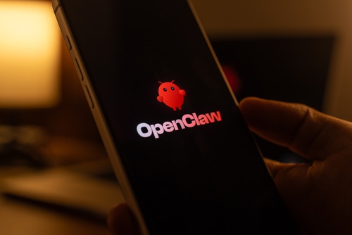 The image displays the logo for OpenClaw, an autonomous agentic AI software platform designed to perform tasks on a user's behalf, such as managing calendars, organizing emails, and drafting reports.