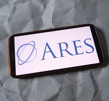The logo for Ares Management Corporation on a smartphone screen.