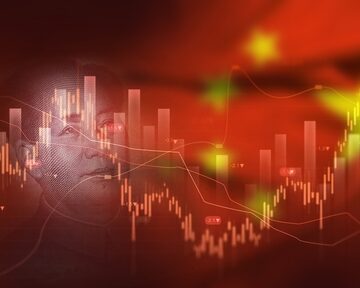 Concept montage of a financial stock market chart overlaid with a Chinese flag, and the face of China's president Xi Jinping.