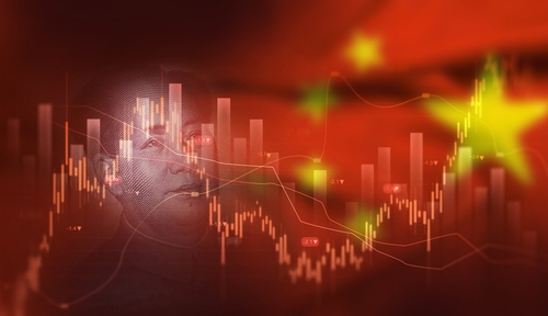Concept montage of a financial stock market chart overlaid with a Chinese flag, and the face of China's president Xi Jinping.