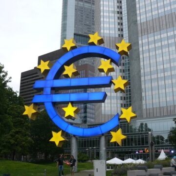 The iconic Euro sculpture located in Frankfurt am Main, Germany, which symbolizes the European Central Bank and the euro currency.