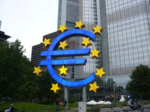The iconic Euro sculpture located in Frankfurt am Main, Germany, which symbolizes the European Central Bank and the euro currency.