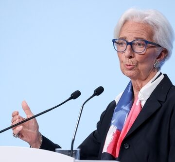 Christine Lagarde, the President of the European Central Bank (ECB) and leading figure in the ECB's efforts to combat inflation by raising interest rate benchmarks, speaking in Florence, Italy.