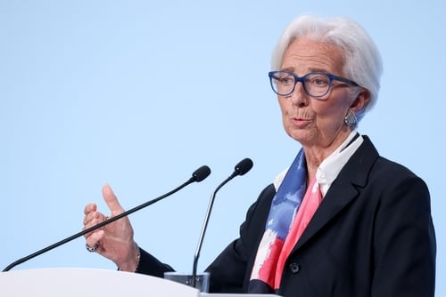 Christine Lagarde, the President of the European Central Bank (ECB) and leading figure in the ECB's efforts to combat inflation by raising interest rate benchmarks, speaking in Florence, Italy.