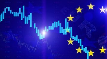 European stock market concept with a downward candlestick chart and the European Union flag against a dark blue background.