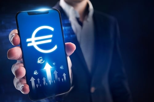 Conceptual image of the digital euro, a potential central bank digital currency (CBDC) for the eurozone, seen on a mobile phone screen.