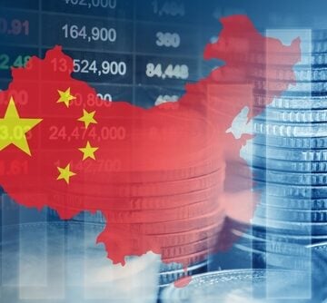 The image displays a financial data visualization overlaid with a map of China and stacks of coins, representing the Chinese economy and stock market.