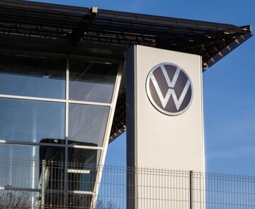 The Volkswagen logo, on the exterior of the German automobile manufacturer plant in Krakow, Poland.