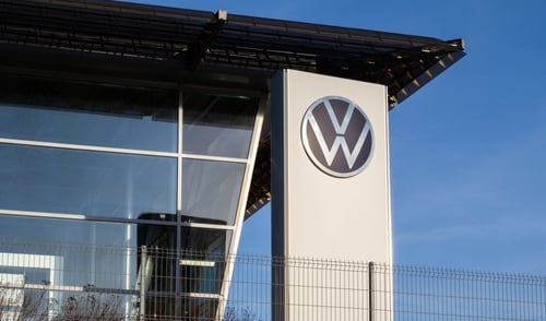 The Volkswagen logo, on the exterior of the German automobile manufacturer plant in Krakow, Poland.