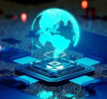 Conceptual illustration of a quantum processor chip, often used to symbolize advanced computing, artificial intelligence, and global data connectivity.