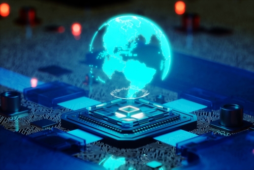 Conceptual illustration of a quantum processor chip, often used to symbolize advanced computing, artificial intelligence, and global data connectivity.