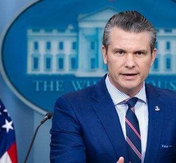 Secretary of Defense, Pete Hegseth, at the White House podium in Washington, DC