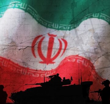 Concept image of the green, white, and red flag of the Islamic Republic of Iran, with silhouettes of soldiers and armored vehicles in the foreground.