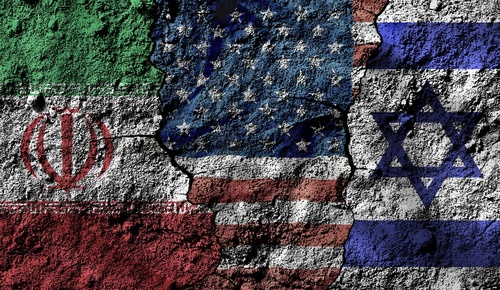 The flags of Iran, the United States, and Israel painted on a cracked, textured wall.