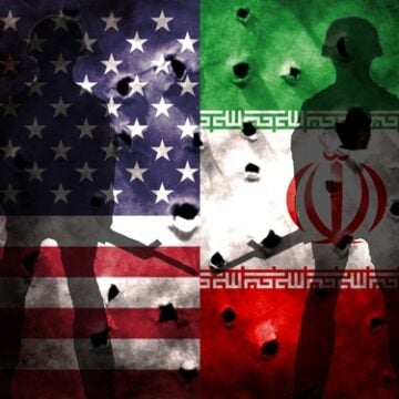Concept illustration showing a background of the United States and Iranian flags riddled with bullet holes and silhouettes of armed soldiers in the foreground