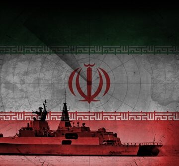 Concept design featuring a stylized Iranian Navy frigate against a faded background of the Iranian flag with a radar screen overlay